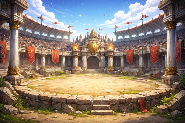 A stone colosseum arena with red banners and a packed crowd.