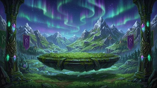 A grassy stone platform floating between snowy peaks under green aurora light.