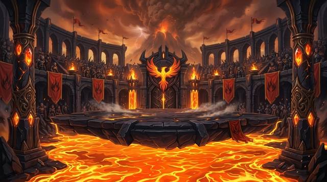 A dark stone platform suspended over a churning lava pit inside a ruined coliseum.