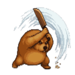 A dog swinging its sword overhead in a wide arc.