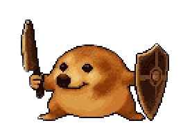 A dog standing still, sword in one paw and shield in the other.