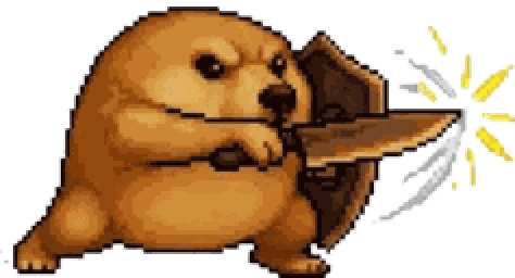 A dog lunging forward with a sword, shield raised, sparks on impact.