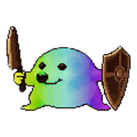 Rainbow skin: a multicoloured dog with a sword and shield.
